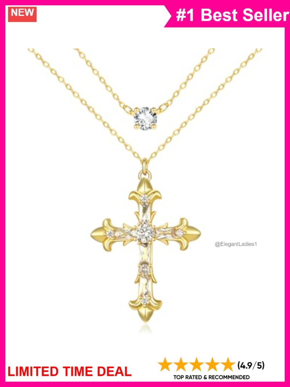 14K Gold Plated Layered Cross Necklace with Diamond Pendant